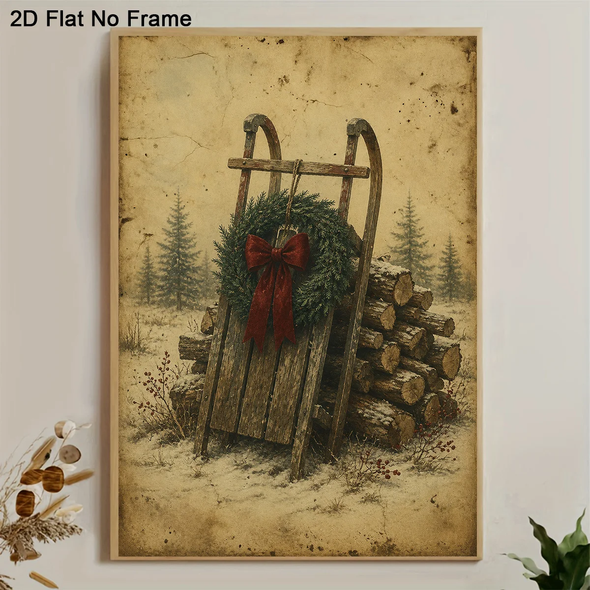 2D Flat, 1pc Frameless Canvas Poster, Vintage Winter Sleigh with Christmas Wreath and Red Bow on Wood Logs, Wall Art Canvas P