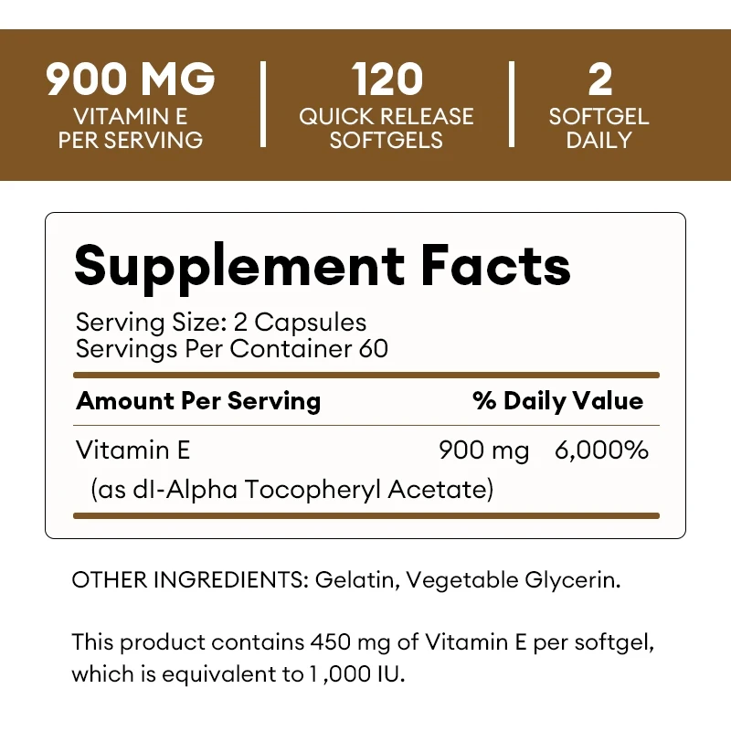 Vitamin E Capsule 450Mg 1000IU Per Softgels  Supports Antioxidant Health & Immune System Skin Beauty