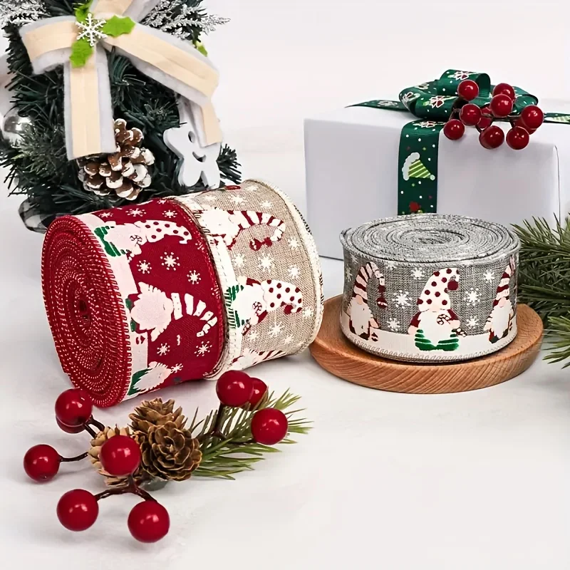 Christmas Ribbon Featuring a Red Design with Faceless Old Man Pattern, Perfect for Decorating Christmas Trees And Holiday Decor