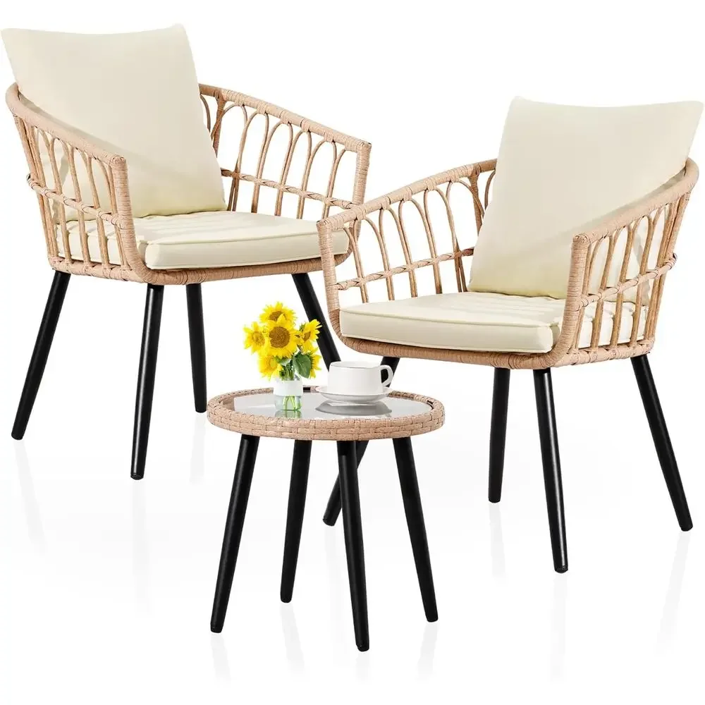 All-Weather Wicker Patio Bistro Set with Table and 2 Chairs, Natural Beige Outdoor Furniture for Balcony or Porch
