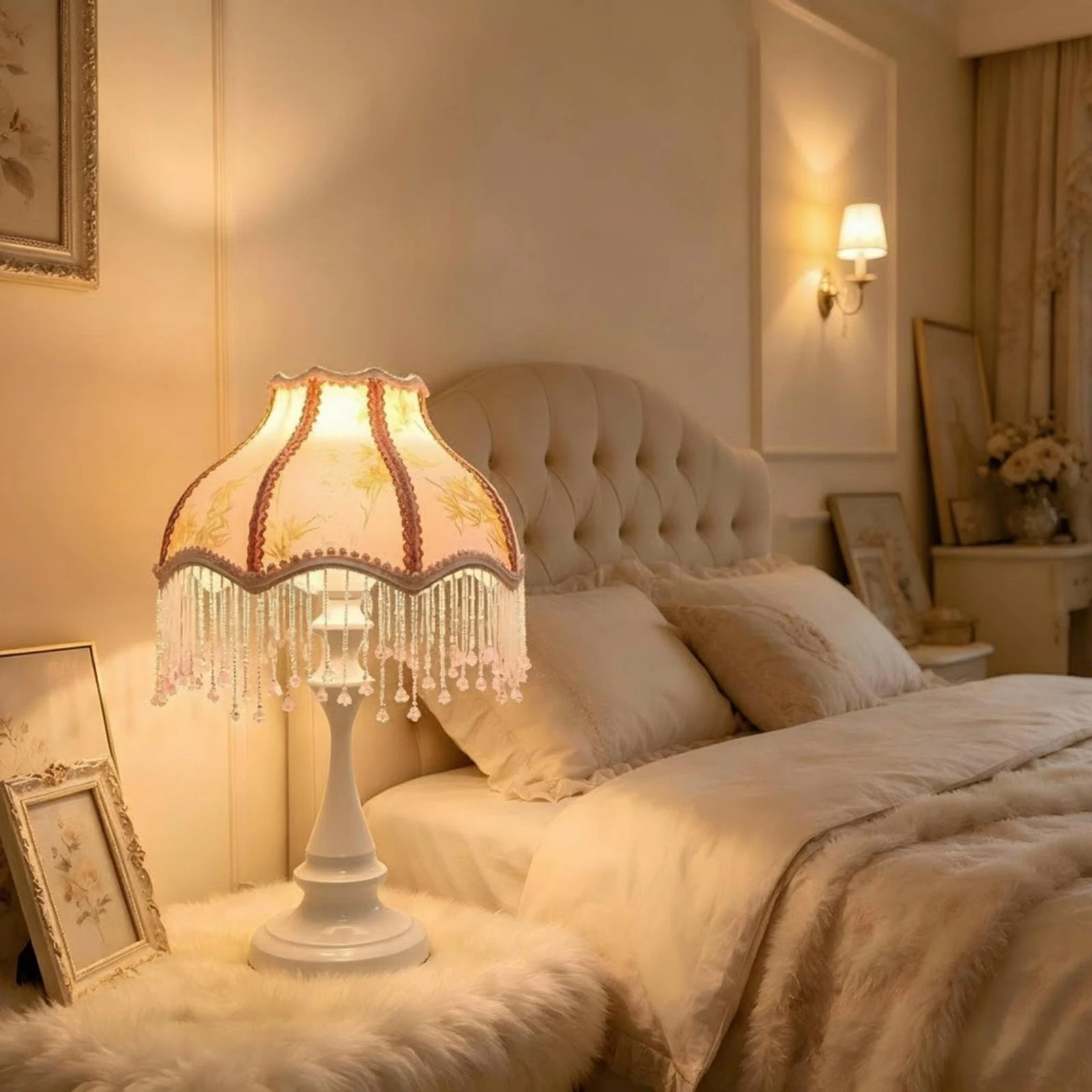 Lamp with Crystal Shade Dimmable Pedestal Lamp with Scalloped Shade Nightstand Light with USB Dimmer Beaded Elegant for Women