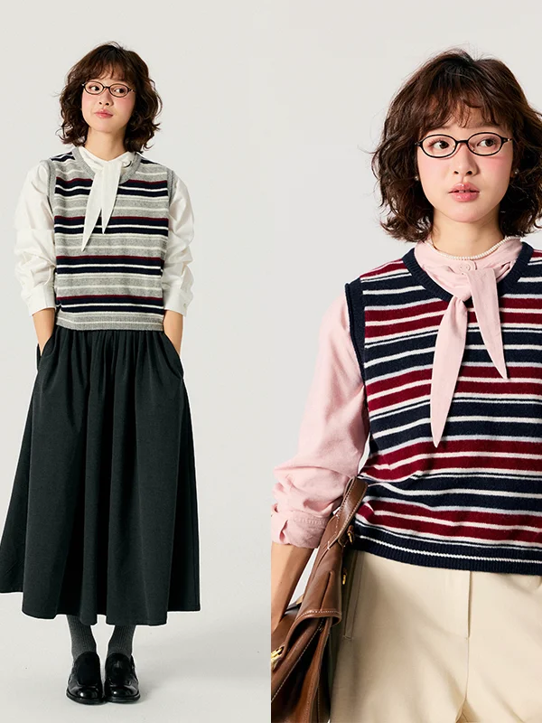 

GOOZA Высококачественный осенне-зимний вязаный шерстяной жилет в стиле ретро с полосками, женский мягкий шерстяной модный топ для многослойных образов