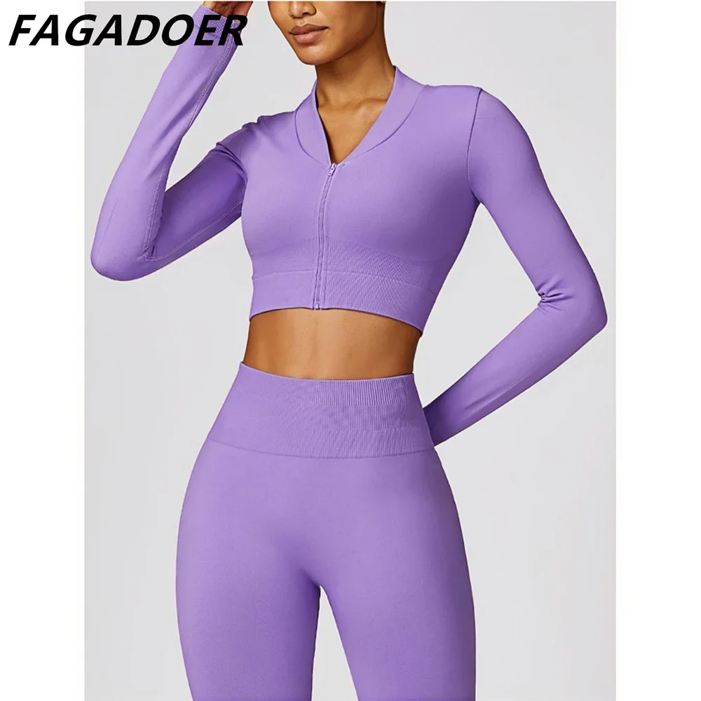 FAGADOER High Quality Sport 2 Piece Sets Zip Outfits Women Long Sleeve Stretchy Crop Top Flare Pants Tracksuits Activewear