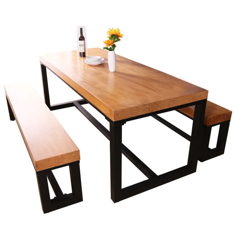 American-Style Solid Wood Dining Table Commercial Canteen Dining Table Barbecue Shop Rectangular Dining Table and Chair