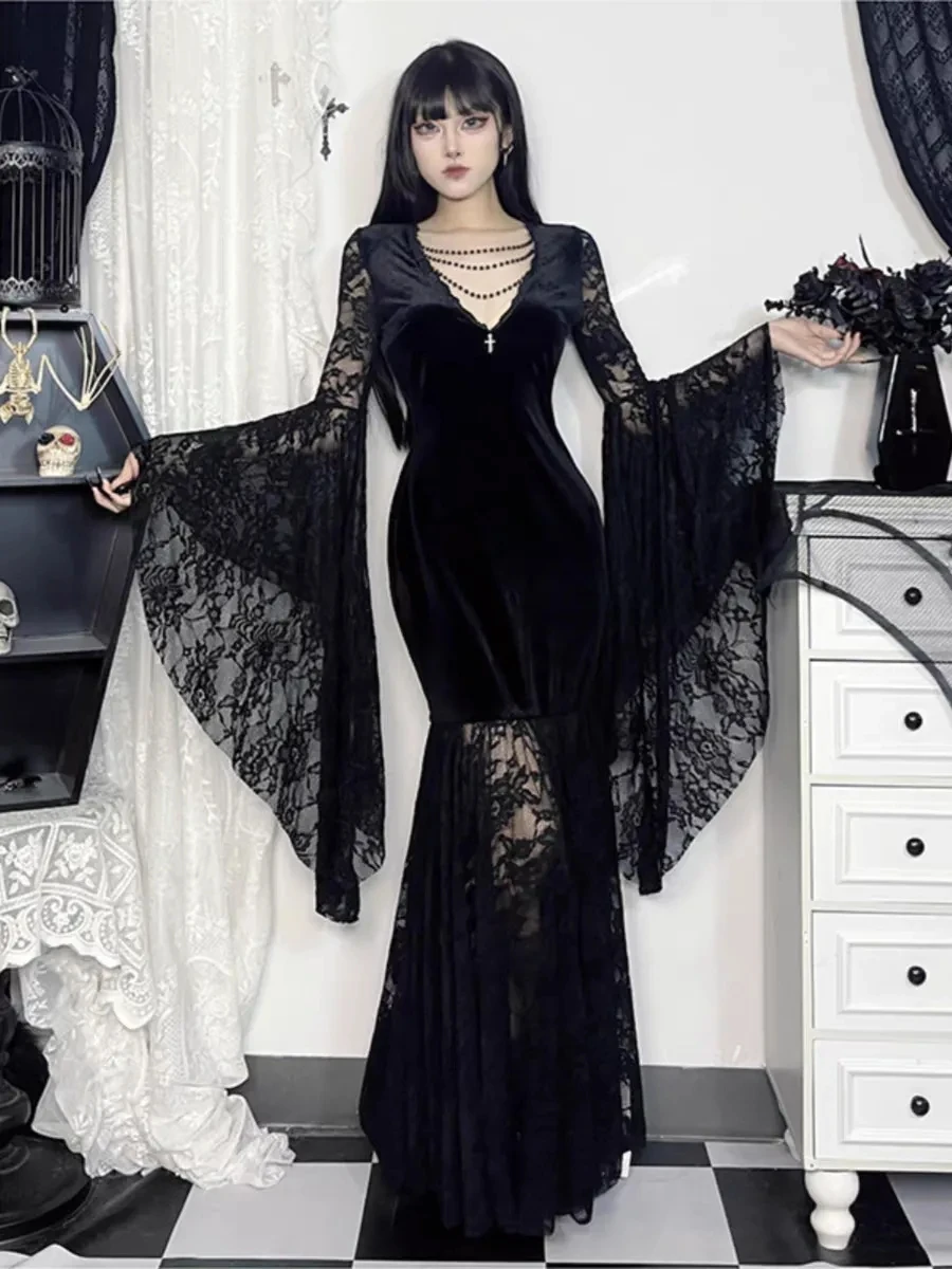 

Gothic Sle Long Sve Lace Design Dr loween Costume Ele Long Dr k Series Women's Velvet Cotton Dr