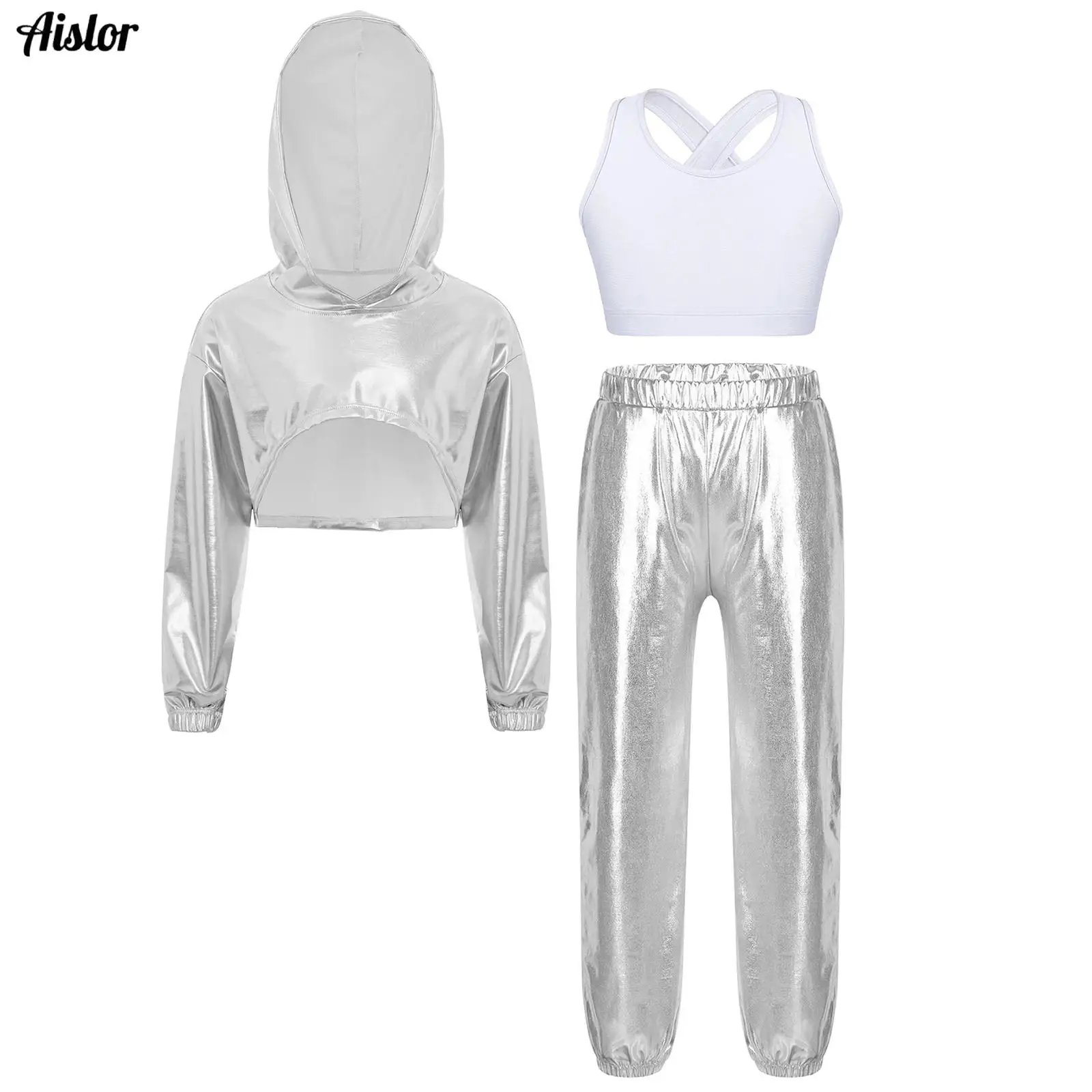 

3Pcs/Set Kids Girls Hip-Hop Jazz Dance Costume Long Sleeve Asymmetrical Hem Metallic Cropped Hoodie + Vest + Pants Streetwear