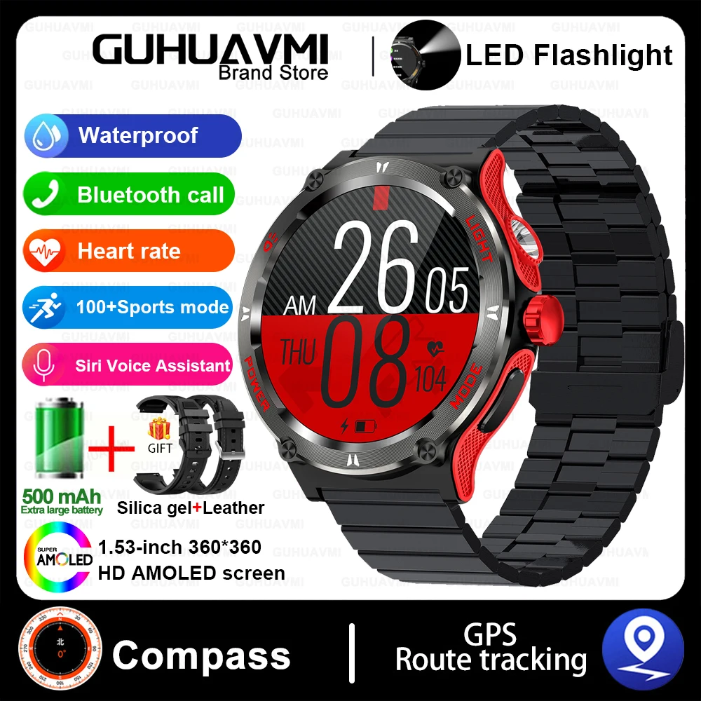 GUHUAVMI Heiße Outdoor-Militär Smartwatch Männer führte starkes Licht amoled Bildschirm Herzfrequenz Kompass Bluetooth Anruf 3atm wasserdichte Smartwatch 8