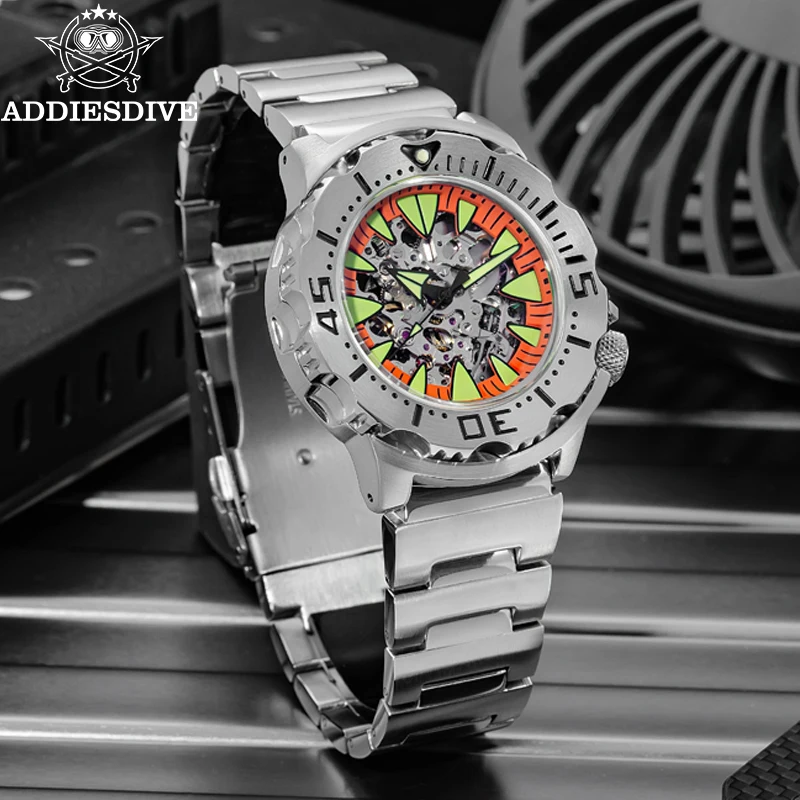 ADDIESDIVE Skeleton Automatic Mechanical Watch 8N24 316L Steel 20Bar Waterproof C3 Super Luminous Men Watch Reloj Hombre