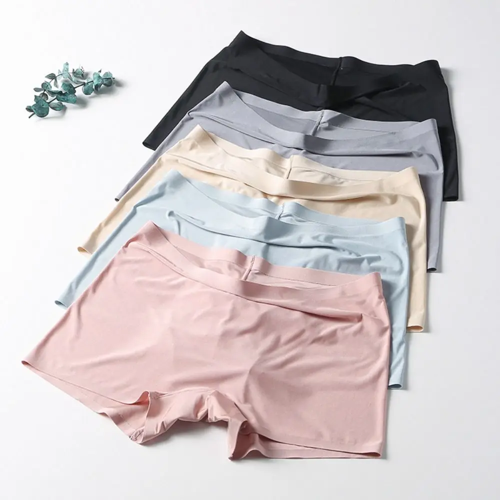 안전 바지 여름 얼음 실크 팬티 중반 허리 원활한 원활한 얼음 실크 팬티 얇은 란제리 여성 복서 팬티 여성