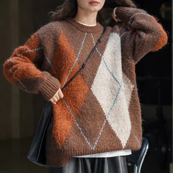 Oversize diamentowy sweter sweter z okrągłym wycięciem pod szyją kolorowy sweter zimowy z mieszanką wełna z alpaki