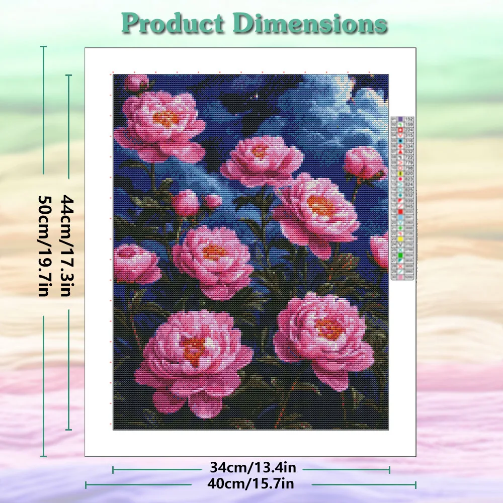 11CT Cross Stitch Peony Night Flower Landscape Full Embroidery Wall Decor Cotton Thread Printed New Decorative Paintings