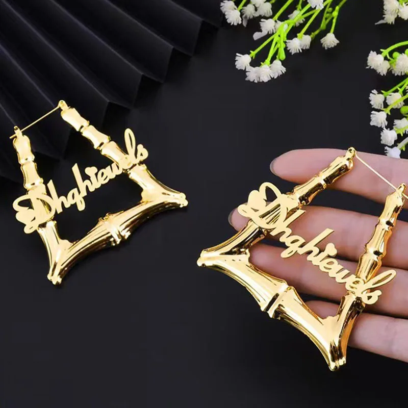 

Custmized Geometric Big trapezoid Bamboo for Women Name Earrings Personalized Stainless steel Jewelry Set Christmas Gifts