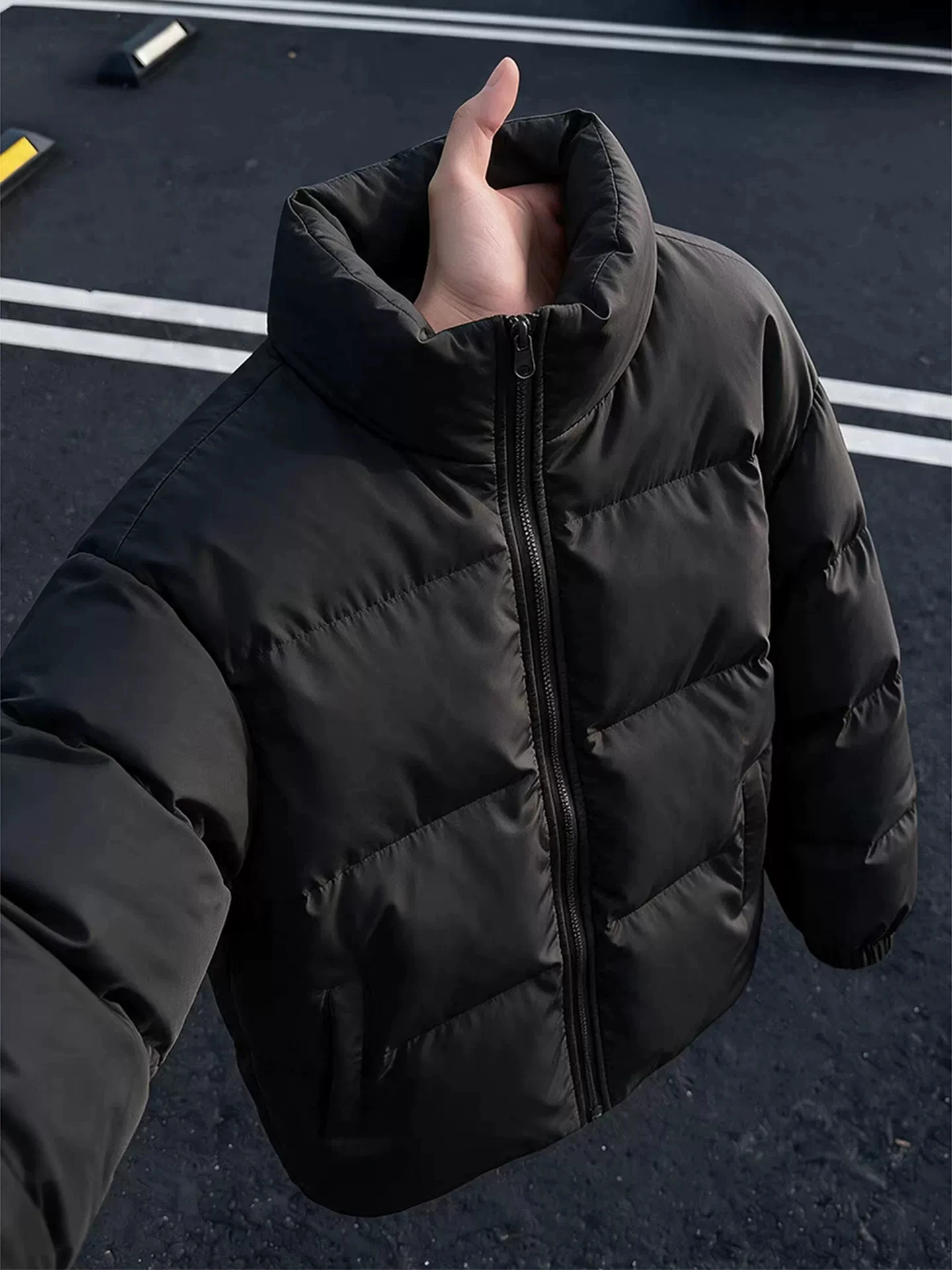 American Style Thickened Cotton Jacket Men's Winter Warm Stand Collar Zipper Closure Pure Color Loose Fit Long Sleeve Coat