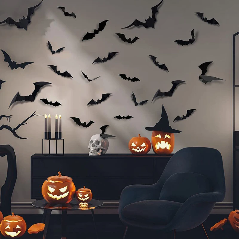 12/48pcs Halloween Sticker Decoration 3D Black Bat Spider Ghost Halloween Party Bar Room Decor Party Scary Props Wall Sticker