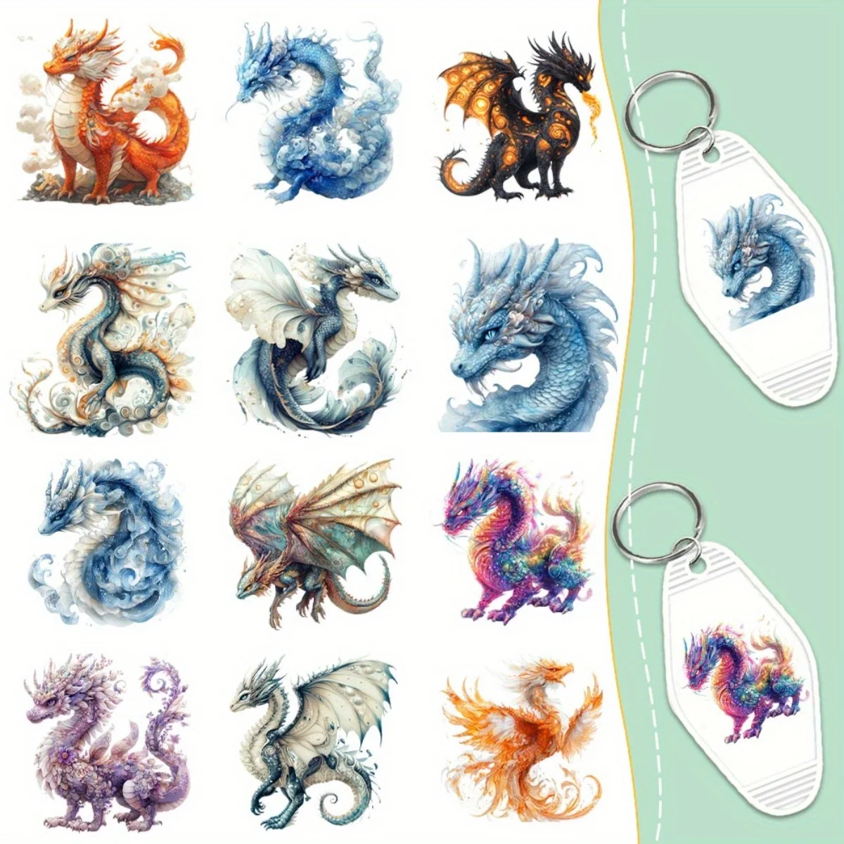 60 Pieces Colored Crystal Dragon Transfer Pper UV DTF Transfer Durable High Viscosity Adhesive DIY Crafts Office  Keychain