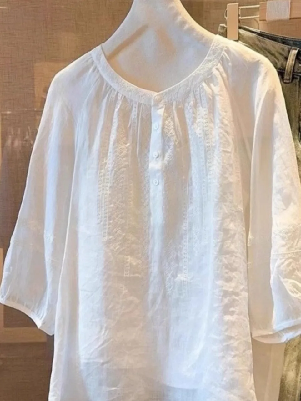 

Korean Japanese Sle round Ne Loose Fit ort Sve Linen irt Women's Slimming Versatile High End Summer Top