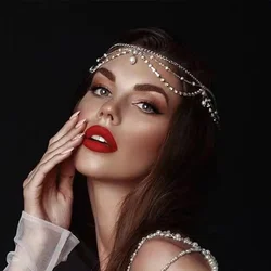 Full Rhinestone Pearls Tassel Wedding Hair Chains Headband Hair Decoration for Women Crystal Multilayer Head Chain Headpiece