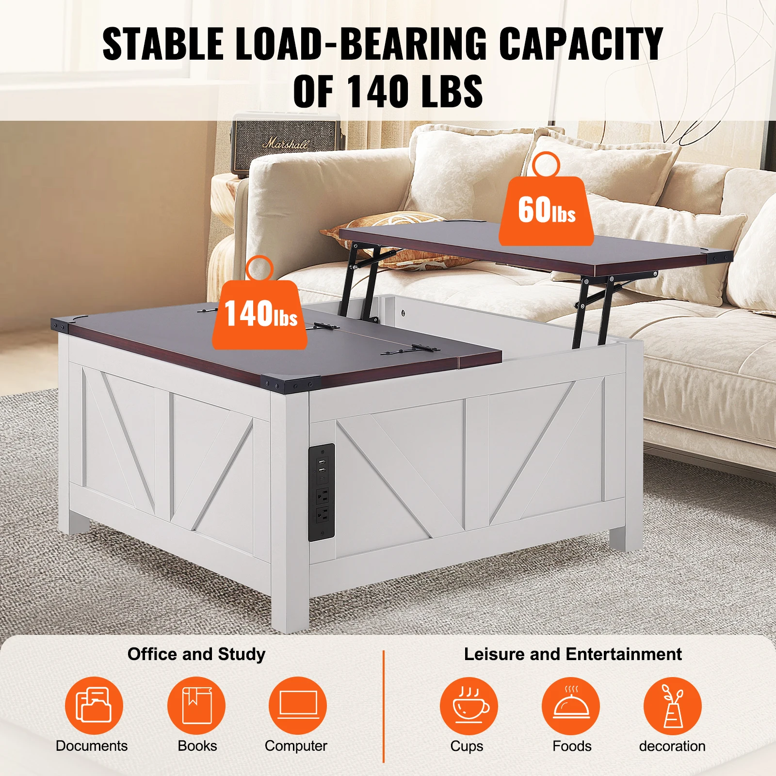 VEVOR 36" Farmhouse Coffee Table, Hinged Lift Top Square Coffee Table with Built-in Power Strip, Wooden Rustic Cocktail Table