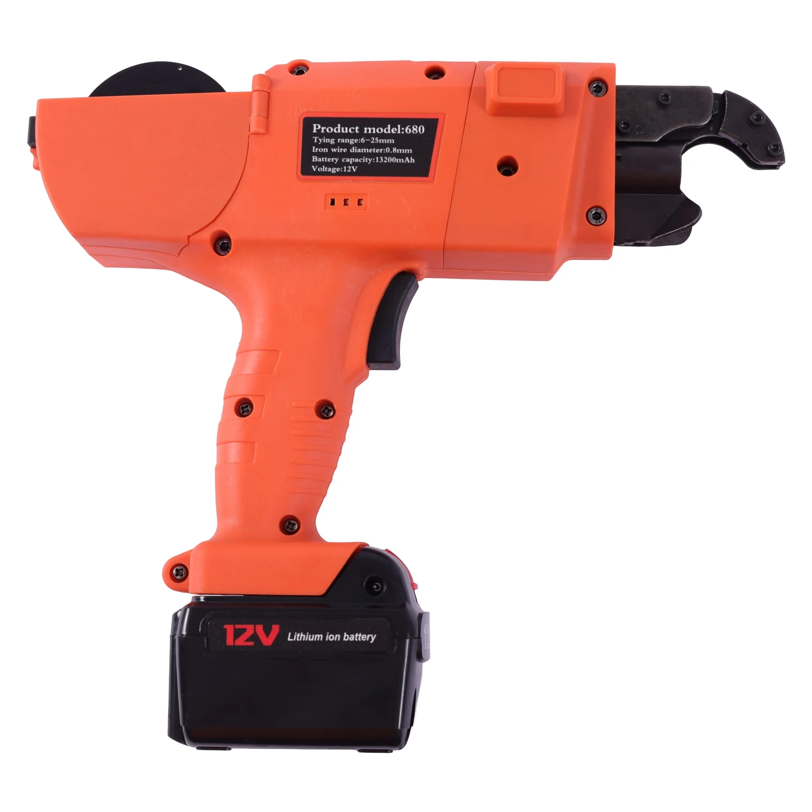 Elektrische Baubindemaschine, tragbares, automatisches, handgeführtes Werkzeug zum Binden von Bewehrungsstahl, geeignet für 6–25 mm, orange, für den Einsatz auf Baustellen, in Eisenbahnbetrieben, im Bergbau, auf Bauernhöfen, für Gartenzäune und unterbodenverlegte Rohrleitungen. – Detail 2
