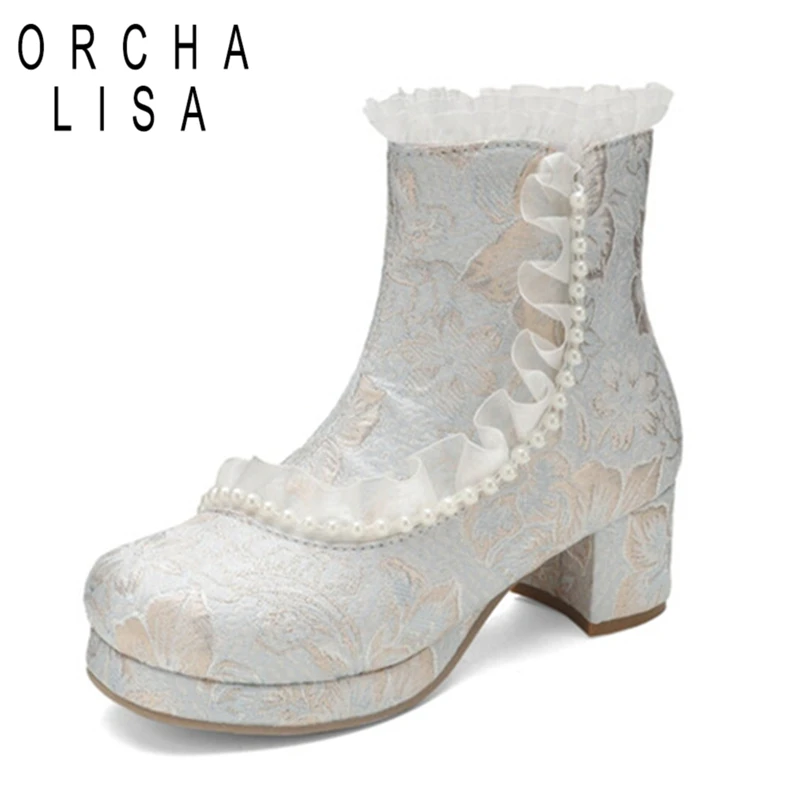 

ORCHALISA 2024 Зимние ботильоны для косплея, кружевной жемчуг, вышитый острый носок, острый носок 5 см, большой размер 45, 46 47 48 US17 US12