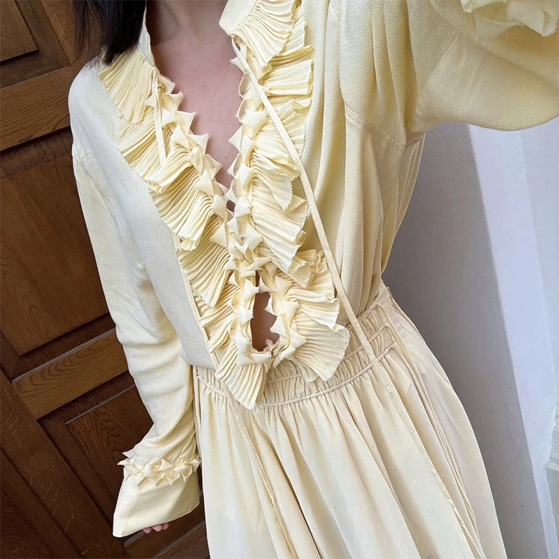 Trendix Solid Ruffle Chiffon Top Vrouwen 2025, Zomer Casual Losse V-hals Lange Mouw Blouse Mode Lace Up Vintage Shirts Femme