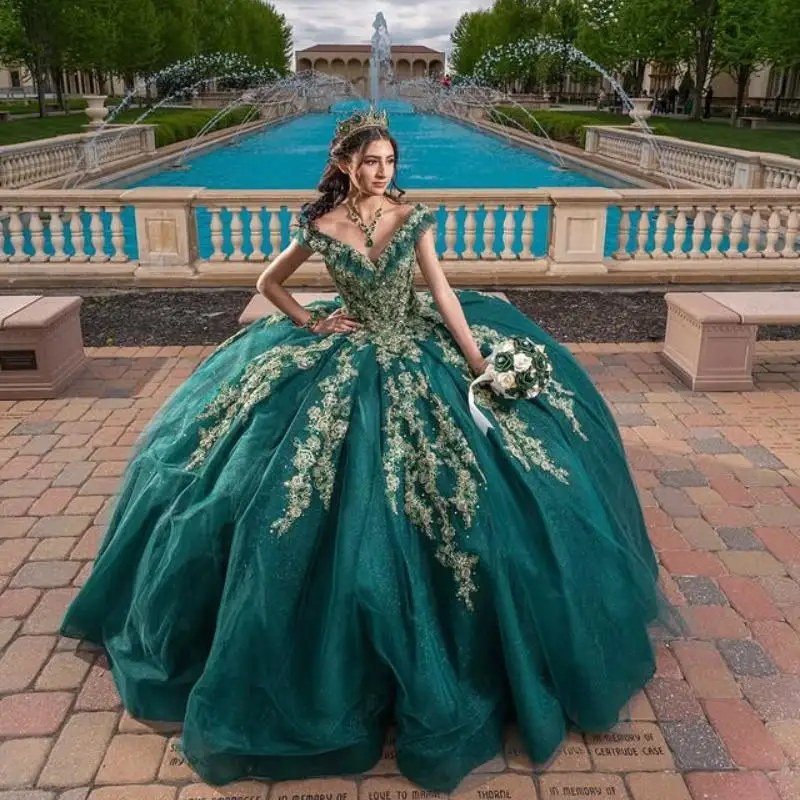 Черновато-зеленое платье Quinceanera с открытыми плечами и v-образным вырезом по индивидуальному заказу, тюлевое кружево с 3D цветами, платья de 15, Quinceanera ﻿