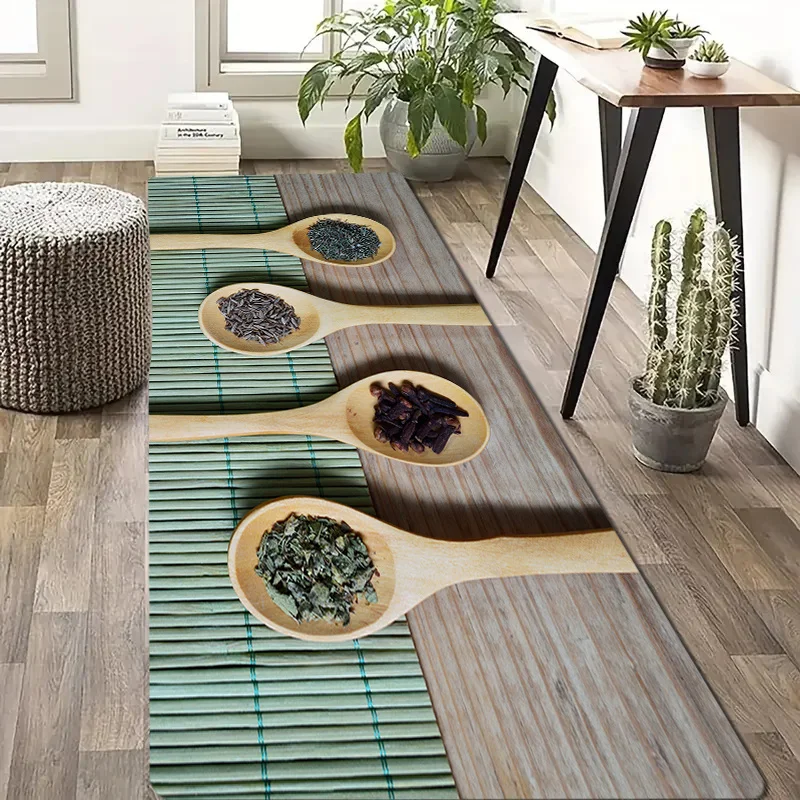 1pc Spoon Seasoning Pattern Kitchen Floor Mat, 1.1cm Thick Polyester Fiber, Non-Slip, Wear-Resistant, Machine Washable, for Ki