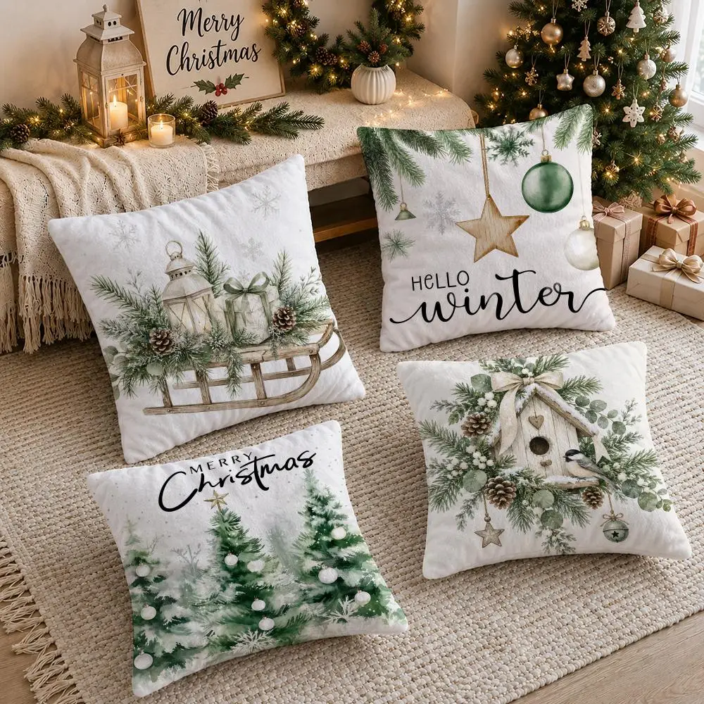 4PC Christmas Green Winter Cushion Cover Soft Plush Double-Sided Print Pillow Case Home Decor for Sofa Living Room Gift