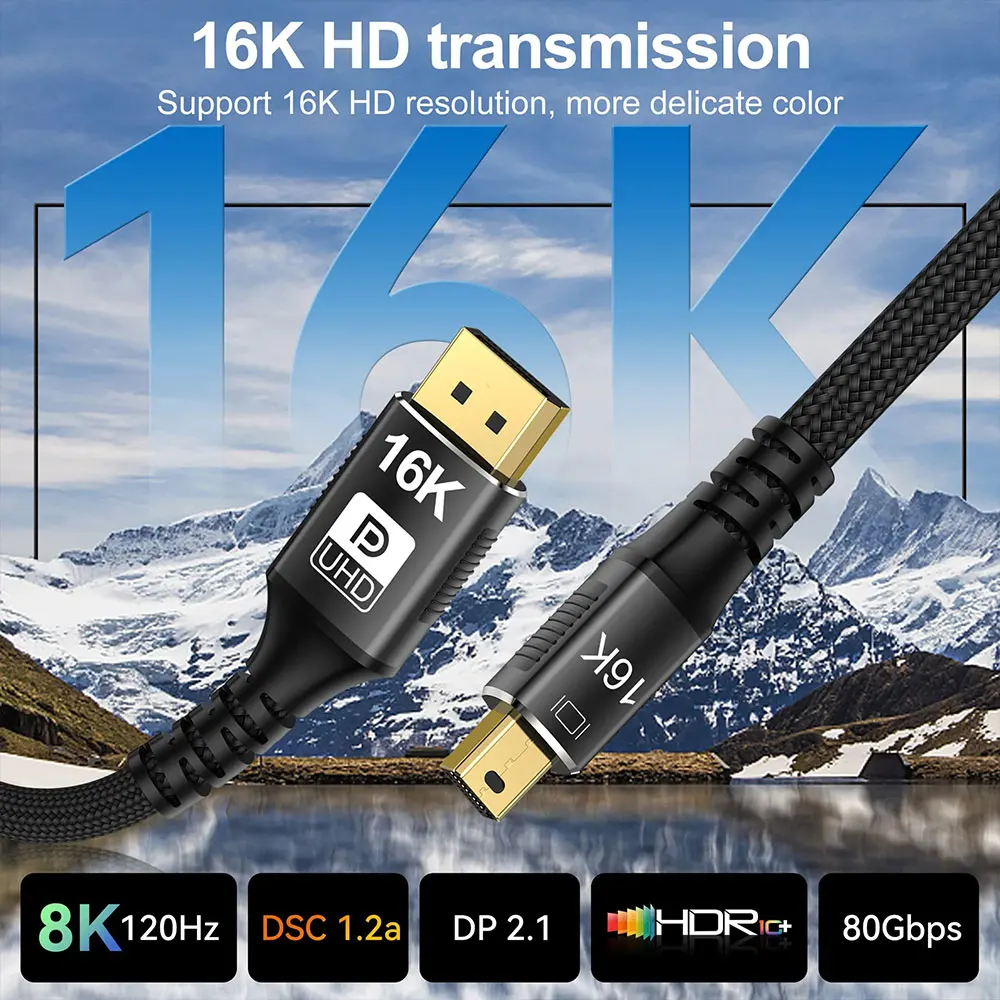 DisplayPort 2.1 Mini DP to DP Cable, 16K 60Hz 40Gbps High-Speed Video Cord, Copper Braided Gaming Monitor Adapter 1M/2M/3M