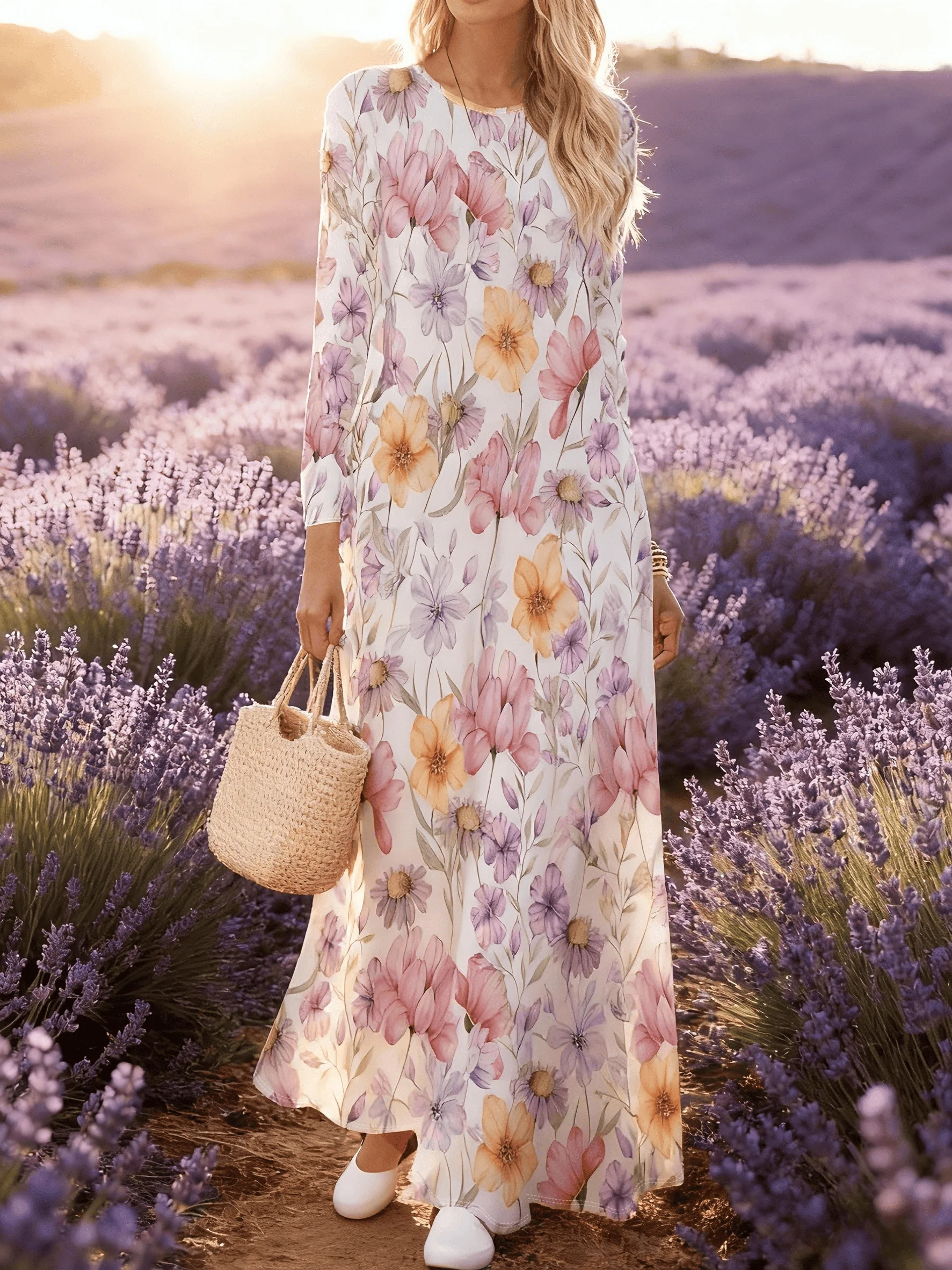 

Women Long Sleeve Round Neck Dress Casual Summer Vacation Flowy A-Line Midi Dress for Ladies Comfortable Stretchy