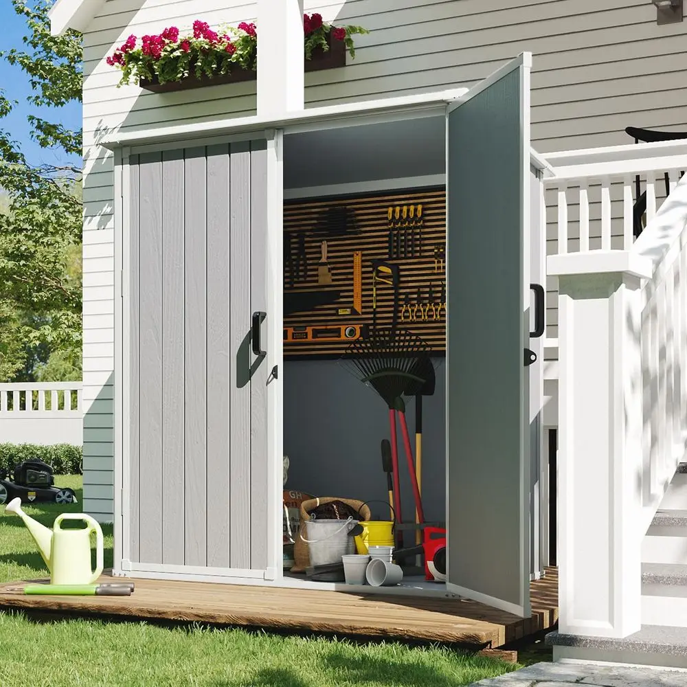90 Cuft Outdoor Tall Storage Shed, 53 Ft Vertical Shed with Floor, Lockable Doors amp 2 Shelves, HeavyDuty Plastic Cabinet for
