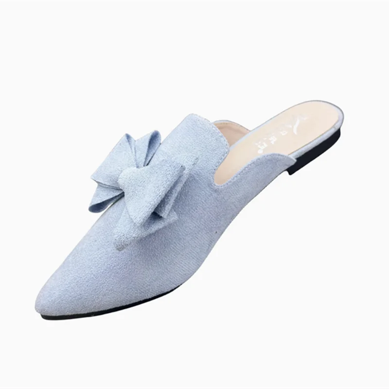 Women Designer Sweet Shoes Pointed Toe Flat Flock Cloth Half Slippers With Big Bow Yellow Rose Red Slide Mules No Heels 48 47 46