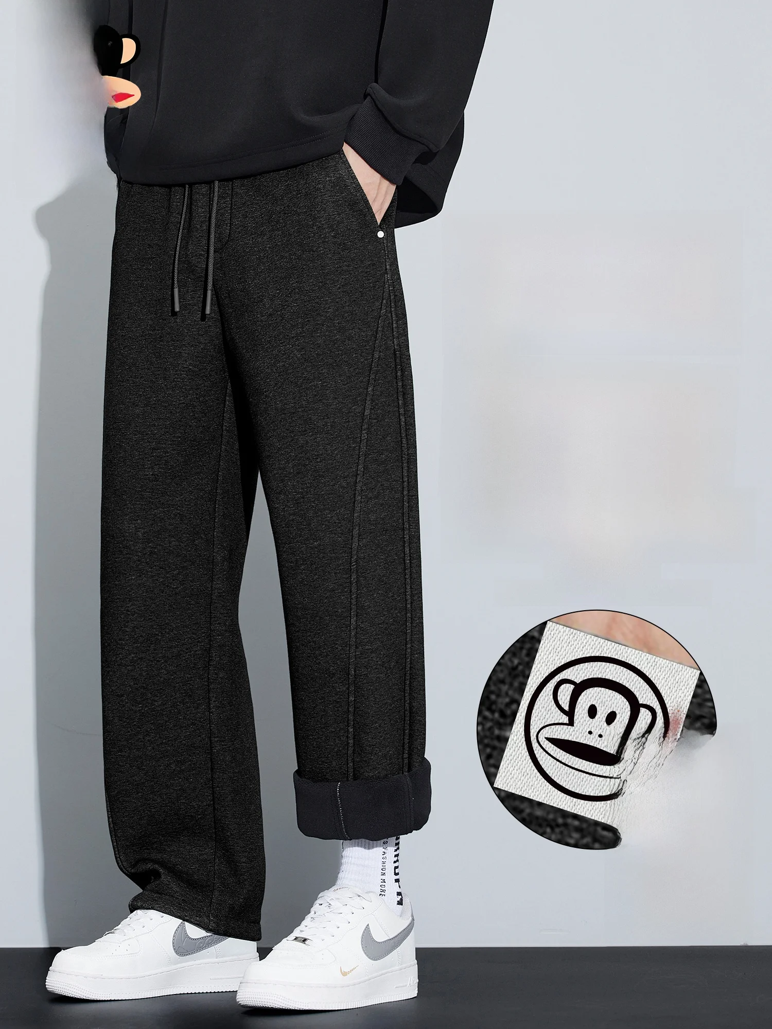 

PaulFrank Men's Fce Lined Casual Sports Pants Thiened Straight Leg Bla Winter Trousers Youth Faion Cotton Blend