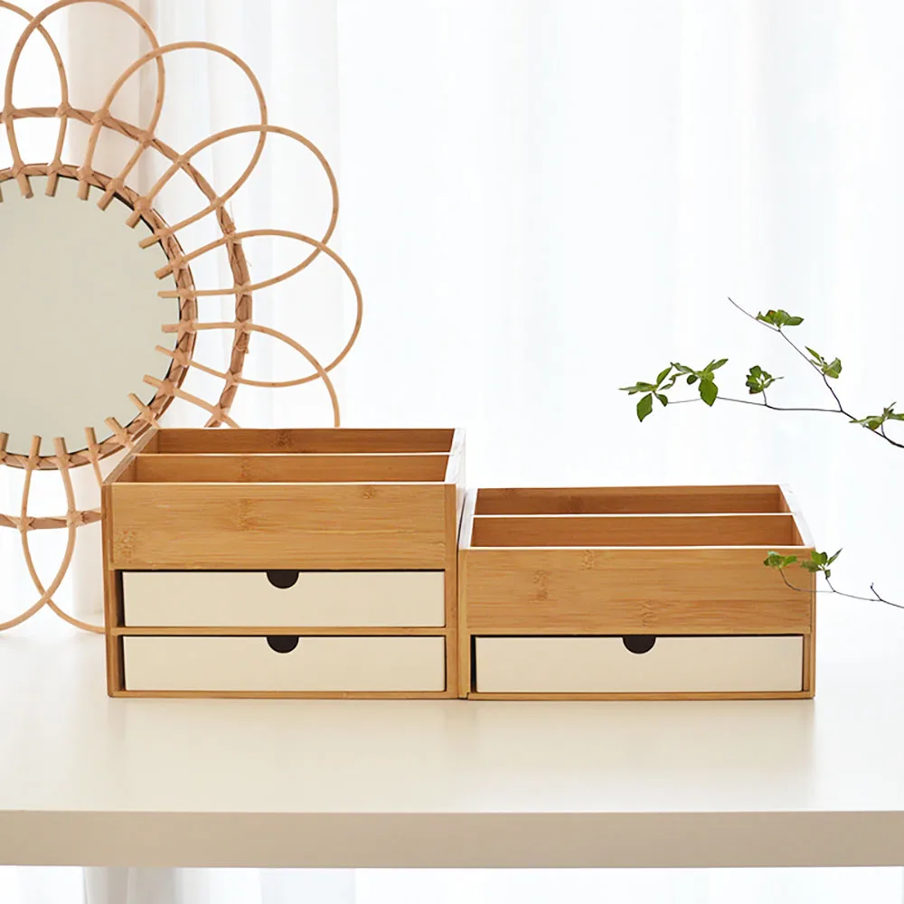 SEWS-Bamboo Separate Cosmetic Drawer Storage Box Desk Organiser Office Storage Box Desktop Jewelry Skin Care Rack