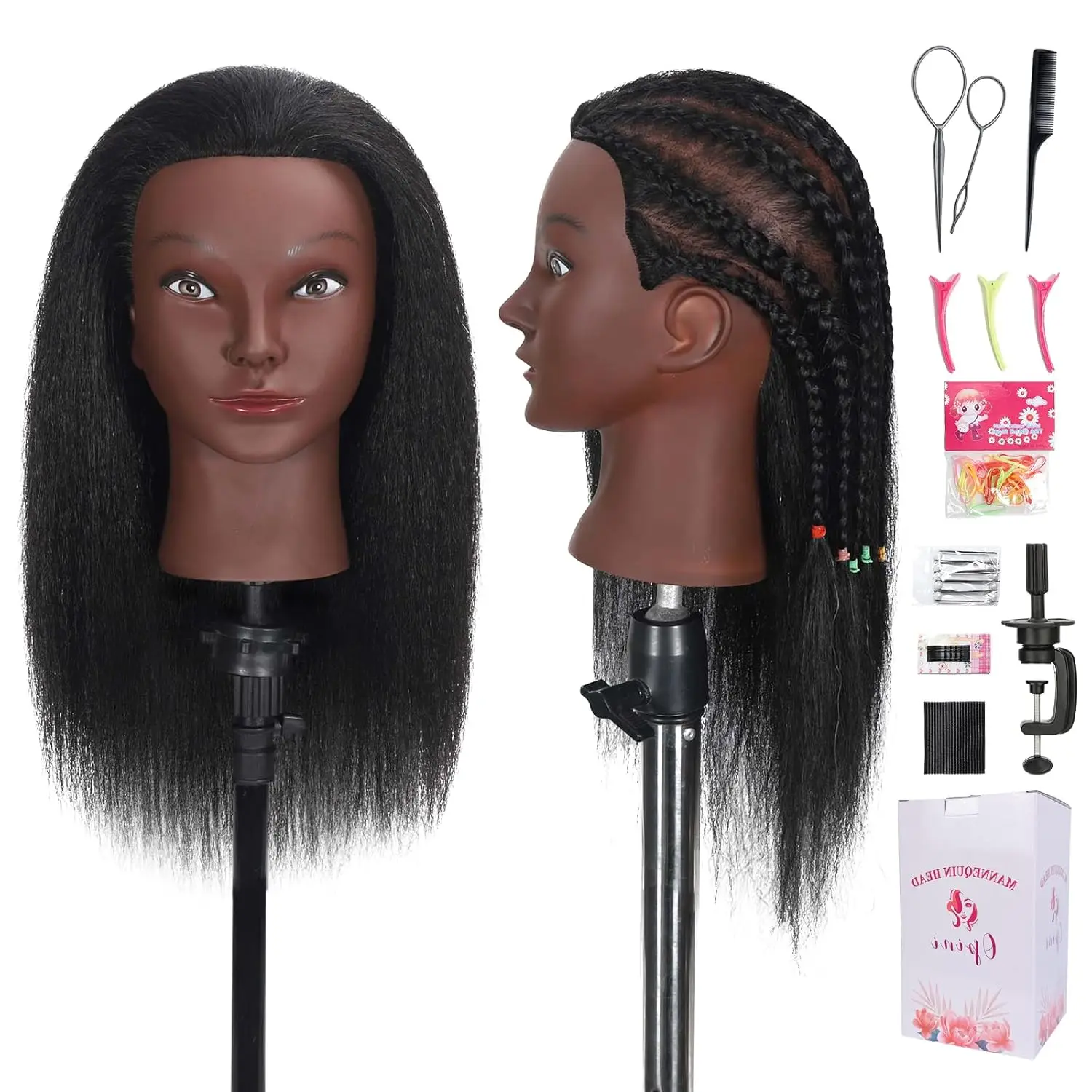 

16" Real Human Hair Mannequin Head for Hairdresser Practice with Free Table Clamp Stand