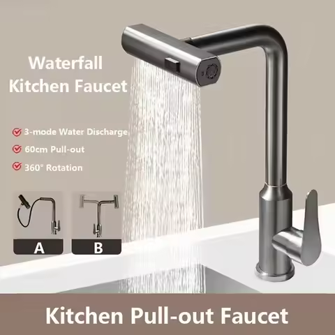 Grey/Silver Pull Out Kitchen Faucet, Flexible Hot and Cold Water Kitchen Sink Mixer Faucet Deck Mounted with Stream Shower Mode