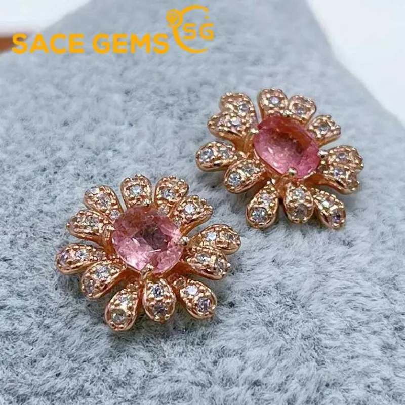 

SACEGEMS Fashion Jewelry Earrings for Women 925Sterling Silver 5*6MM Natural Tourmaline Stud Earrings Wedding Party Fine Jewelry