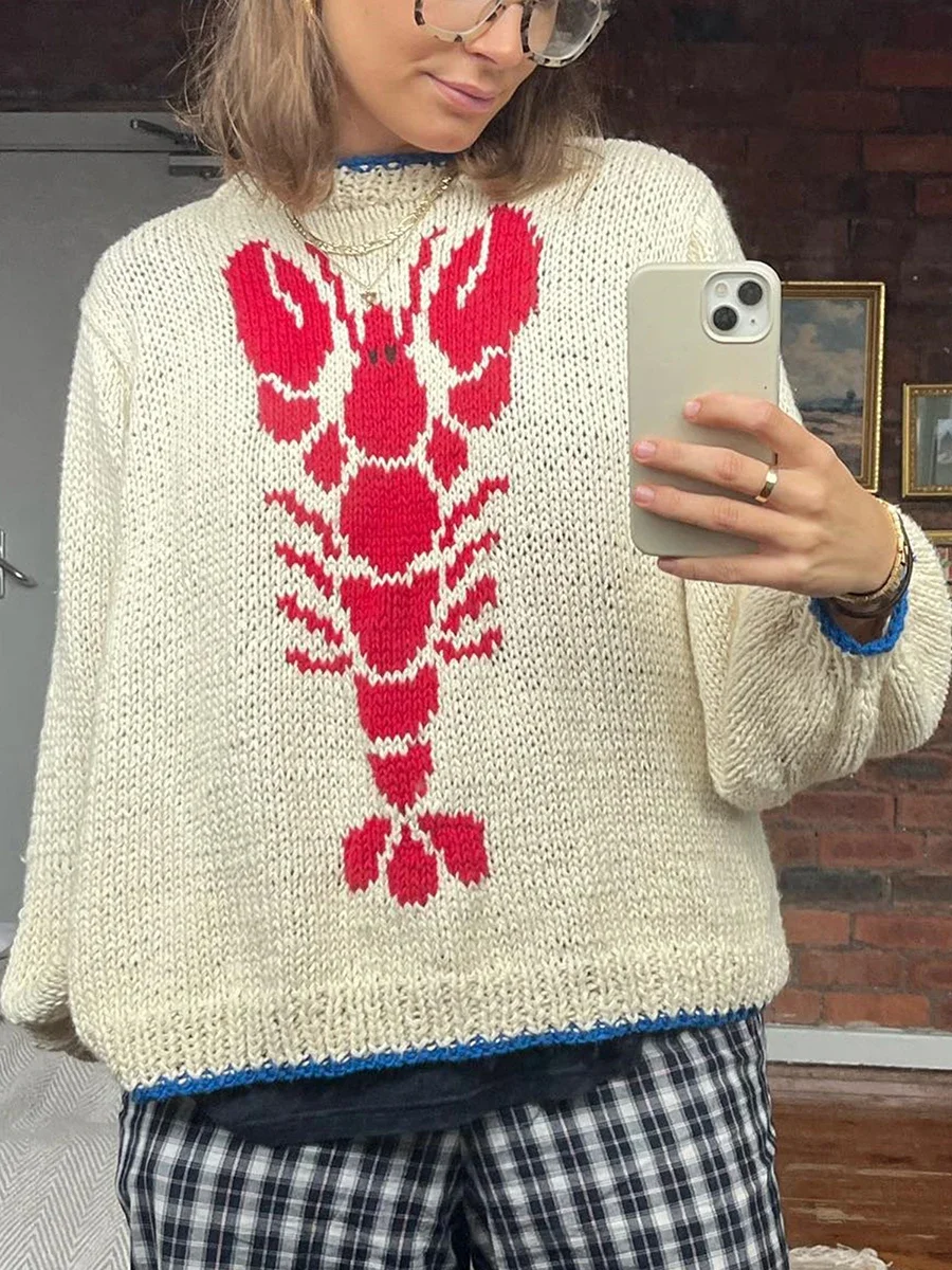 Y2K Lobster Patterm Knitted Pullovers Autumn Winter Long Sleeve Knitwear Vintage Grunge Preppy Sweater Women Winter Clothes