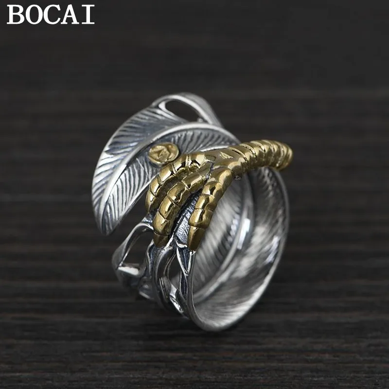 

BOCAI NEW S925 Серебро Ретро Личность Орел Коготь Перо Открытое Кольцо Пара Стиль