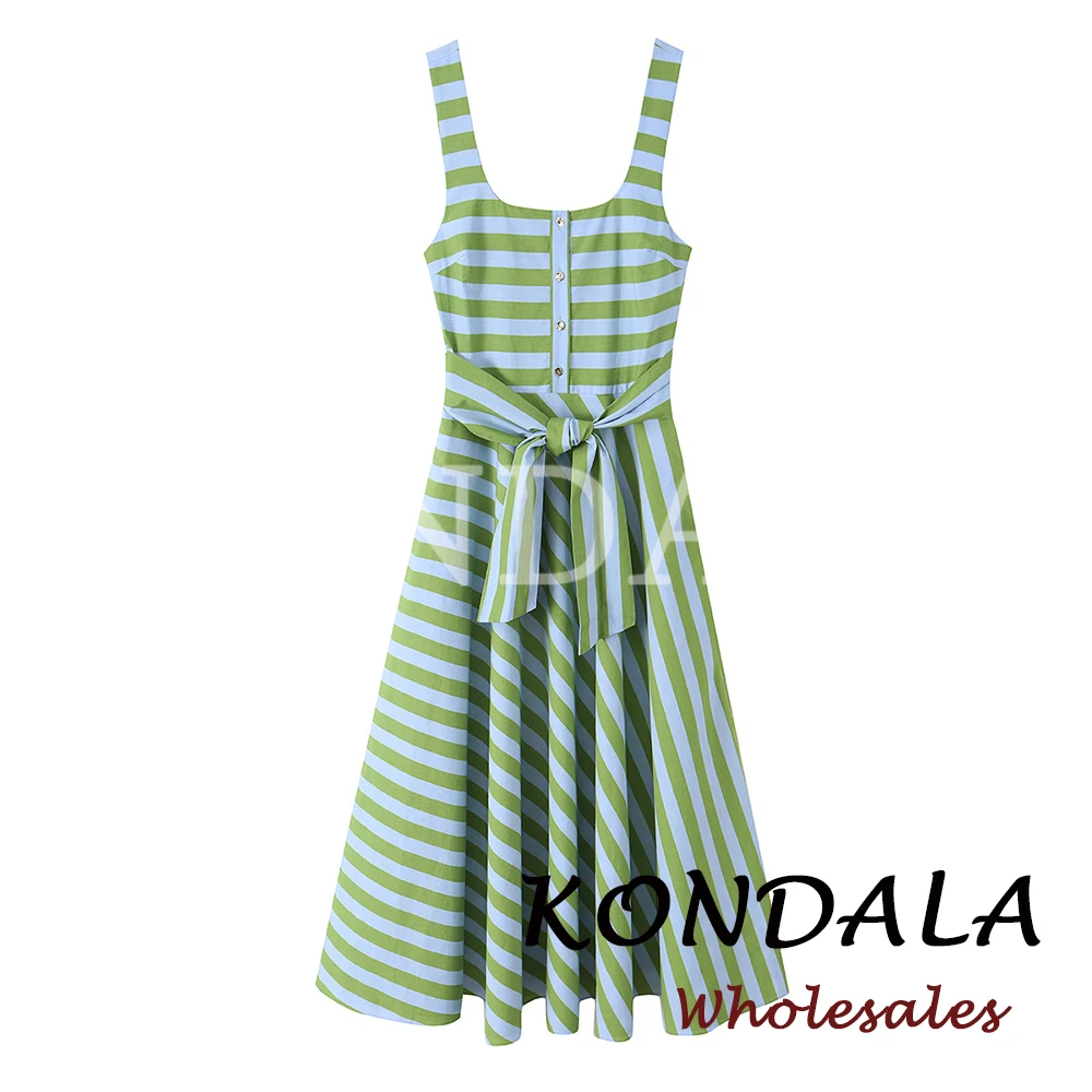 

KONDALA Chic Streetwear Striped Woman Green Dress Fashion 2026 Sashes Long Midi Dress Sleeveless Lace-up Modern Draped Vestidos
