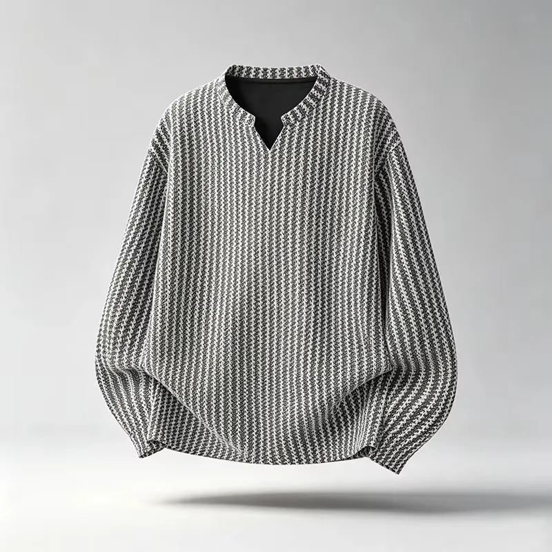 Men Textured Notch V Neck Long Sleeve Shirt Loose Fit Woven Fabric Casual Tops Retro Stripe Pattern Streetwear Daily Wear