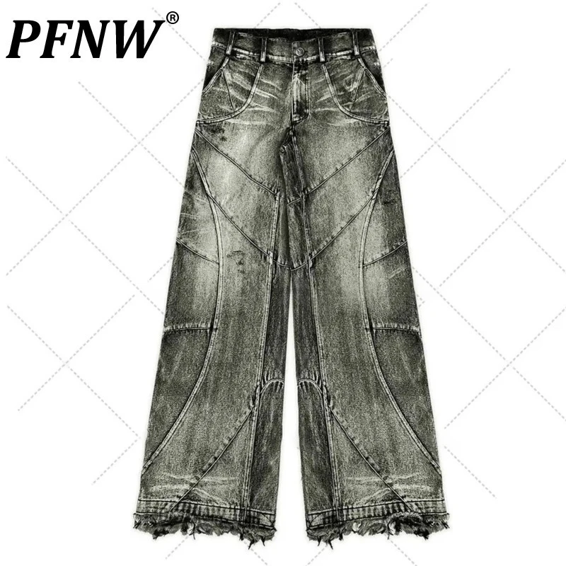 PFNW Spliced Design Washed Denim Jeans Men's Streetwear Fashion Straight Leg Denim Pants Hip Hop Trendy Trousers Autumn 28W4634