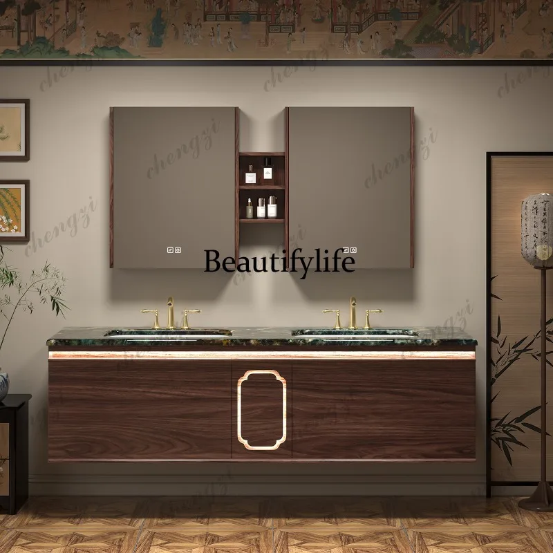 Luxury stone bathroom cabinet combination black walnut medieval style wash basin wash table double basin