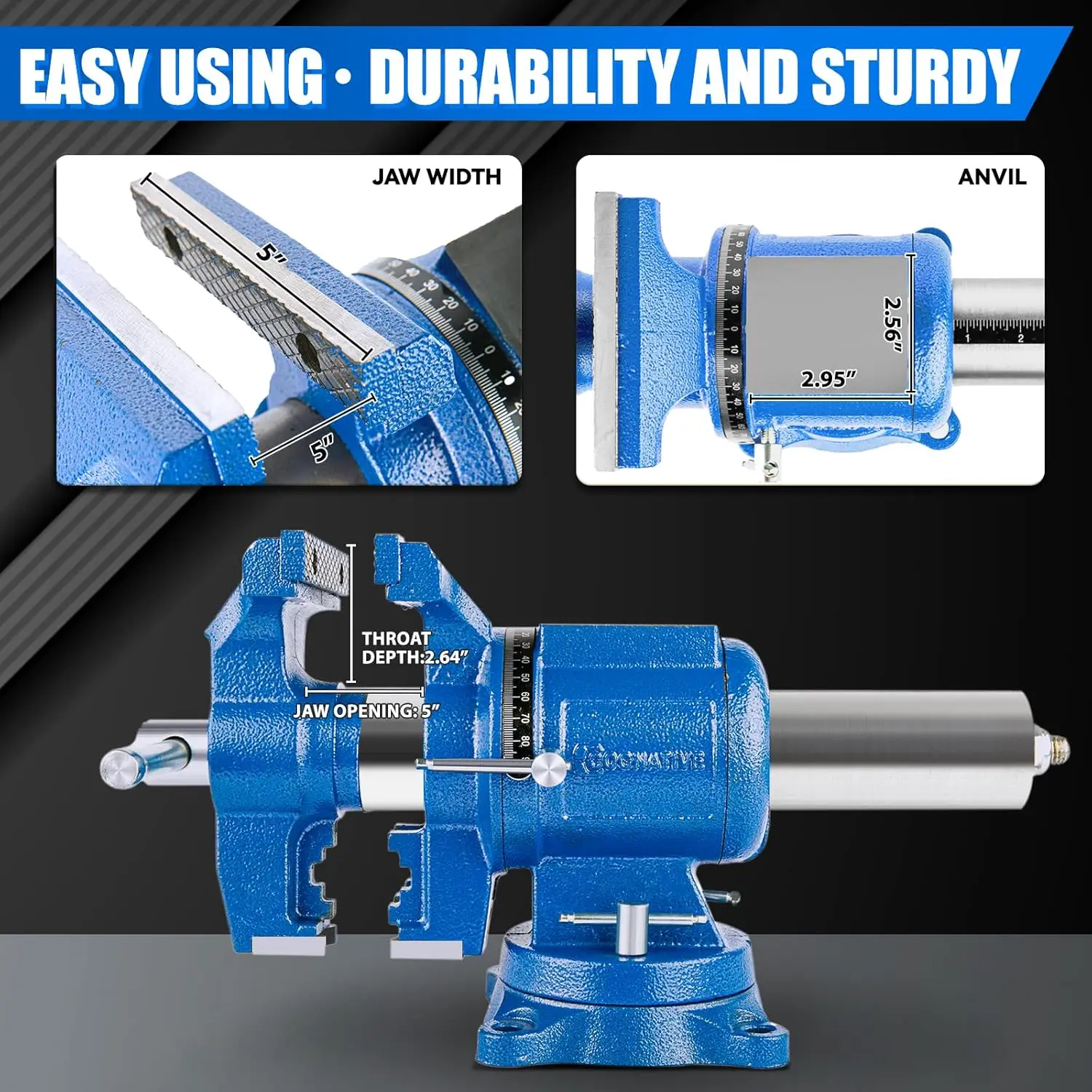 360° Multi-Purpose Bench Vise Ductile Iron Heavy Duty with Anvil Clamp force 4000KG Blue 5-Inch ‎17 x 8.8 x 7.8 inches