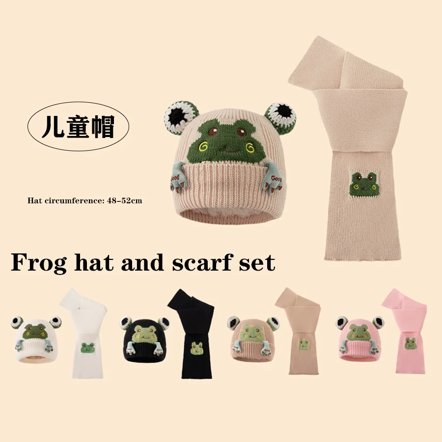 

Детская шапка, зимний шарф, комплект из двух предметов с вышивкой лягушки, вязаная шерсть, теплая для малышей, милая для мальчиков и девочек, 2 шт.