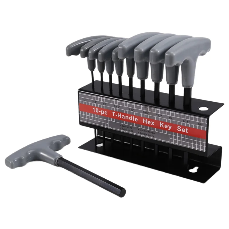 

A74E-10PCS T-Handle Hex Key Wrench Set Imperial Sizes 3/32In-3/8In With Storage Rack For Automotive Repair