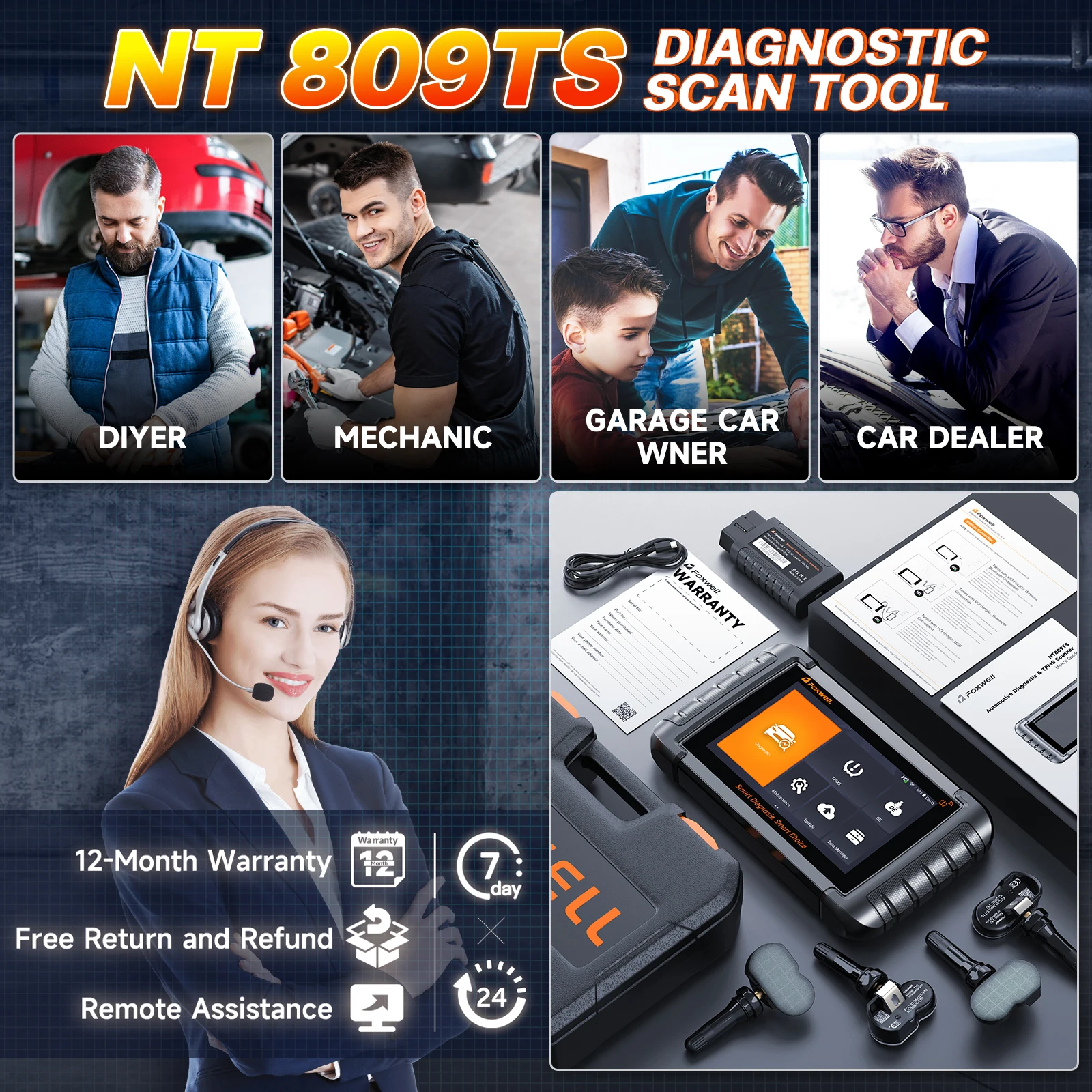 FOXWELL NT809TS OBD2 Scanner Full Systems Bluetooth Diagnostic Tool Car Bi-Directional Control 30+ Reset Service Automotive Tool