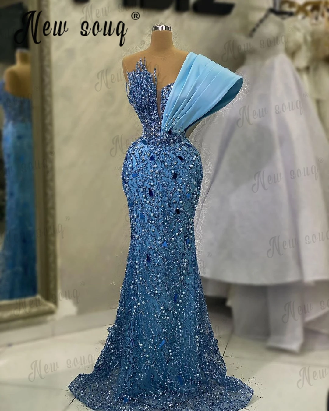 Unique Design Shoulder Beaded Mermaid Evening Dress With Pearls Stones Blue Floor Length Prom Dress Formal Celebrity Vestidos