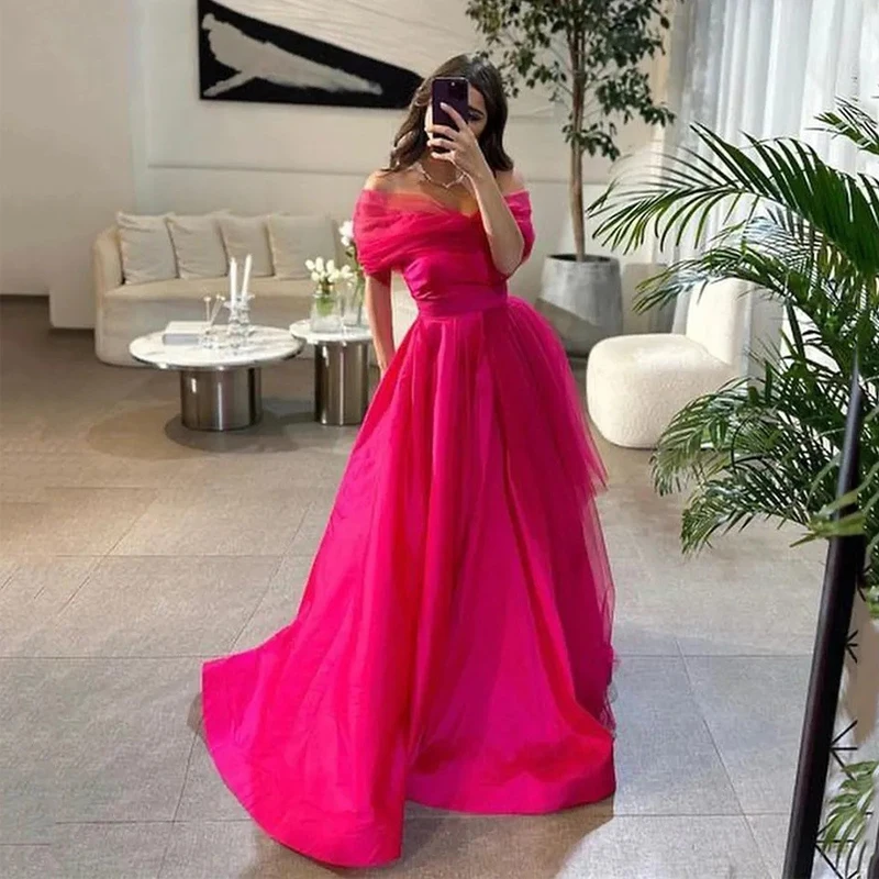 2024 Sexy Hot Pink Satin Prom Dress Tulle V-neck Empire Waist Off the Shoulder Party Evening Gowns vestido de festa