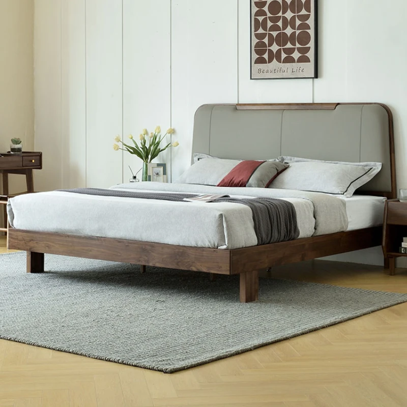 

Black walnut solid wood bed, modern simple leather double bed, master bedroom 1.8 high-end mortise and tenon structure